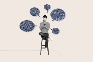 Poster - Picture collage minimal poster of happy smiling guy sitting chair texting sms send comment isolated on drawing white color background