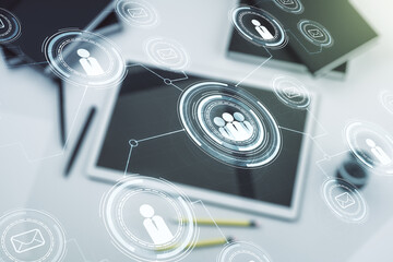 Poster - Double exposure of social network icons concept and modern digital tablet on background. Networking concept