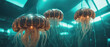 Wide angle photo of beautiful cyberpunk luminous jellyfish with emitting diodes floating in the mysterious neon space. Breathtaking underwater scene. Futuristic wallaper.