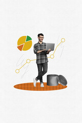 Poster - Collage vertical template artwork young business maker create startups more money graphic up analyzing laptop isolated on grey background