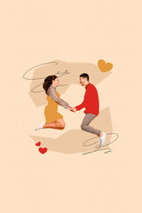 Sticker - Picture collage poster of overjoyed cheerful people jump up hold hands celebrate wedding anniversary isolated on beige color background