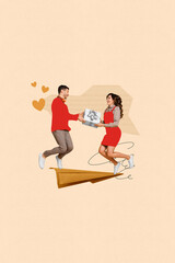 Poster - Vertical creative collage of funny two lovers girlfriend give her husband surprise box anniversary honeymoon isolated on beige background