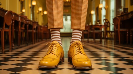 Retro style. Beautiful yellow shoes on the feet. 