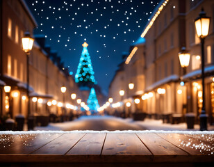 Wall Mural - Empty wooden table top with blurred Christmas tree and snowfall with bokeh light background. street night city lights. Christmas holiday background for product display. AI generative