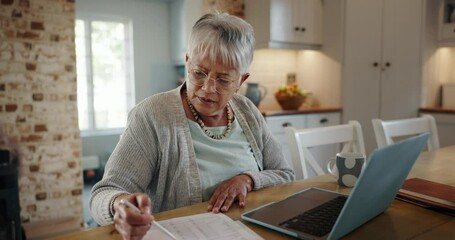 Canvas Print - Senior woman, confused and documents on laptop for bills, budget calculation and financial or asset management at home. Elderly person and paperwork for taxes, pension or mortgage invoice with stress