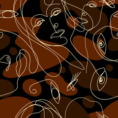 Wall Mural - Elegant abstract seamless pattern with famale faces drawn one line on black background. Fashion trend. African American girl face. Vector illustration.