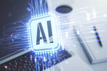 Aufkleber - Double exposure of creative artificial Intelligence icon with modern laptop on background. Neural networks and machine learning concept
