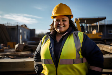 portrait of smiling plus size woman on site wearing hard hat, high vis vest, and ppe	