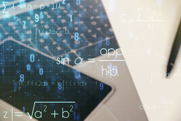 Poster - Creative scientific formula concept on modern laptop background. Multiexposure