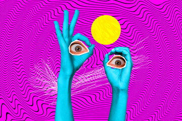 Sticker - Visual effect collage of fingers show okey gesturing eyeballs spying observe psychedelic picture isolated on pink illusion background