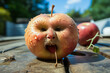 Whimsical apple playfully showcasing a human-like face - eyes, nose, and mouth. Mesmerizing representation of pareidolia and optical illusion through fruit.