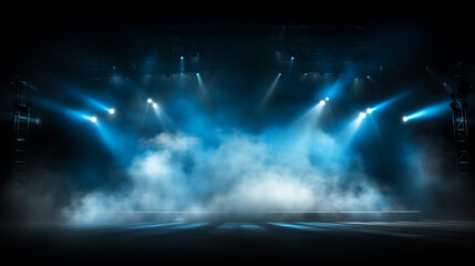 Poster - Illuminated stage with scenic lights and smoke. Blue spotlight with smoke volume light effect on black background. ai generative
