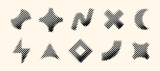 Aufkleber - Halftone geometric shapes set. Dotted cross, wave, arc, crescent, bolt elements with gradient. Black textured objects for banner, poster, collage, flyer, booklet, brochure, cover. Vector collection
