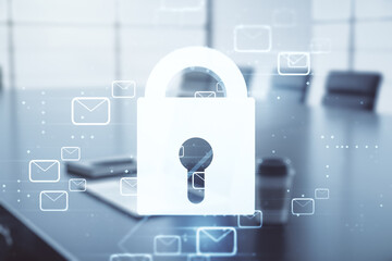 Poster - Double exposure of creative lock hologram with email symbols on laptop background. Information security concept
