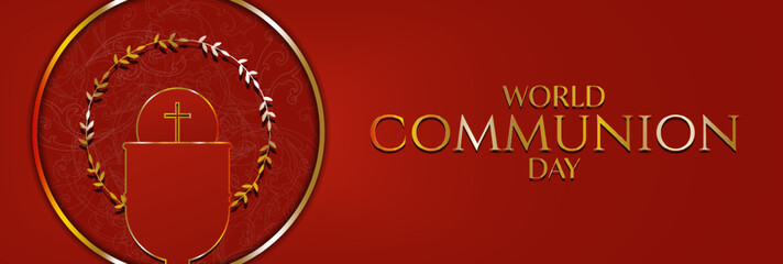 World Communion Day Red and Gold Greeting Banner. Gold typography with golden-lined cap and Sacramental bread framed by a wreath. Celebrated on October 1. Vector Illustration.