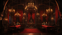 Vampire Dracula Castle Interior, Victorian Red Furnitures. Halloween Concept. Generative AI
