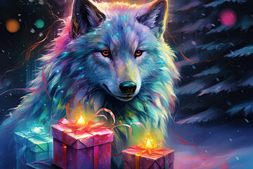 Wall Mural - beautiful portrait of a wolf with gifts and presents, magical christmas, colorful art