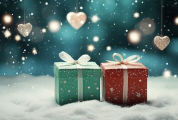 Photo of two gift presents with heart decorations in a snowy landscape created with Generative AI technology