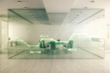 Poster - Multi exposure of abstract virtual graphic data spreadsheet sketch on a modern furnished classroom background, analytics and analysis concept