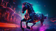 Cyber horse stallon riding virtual reality neon lights