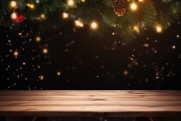 Wall Mural - Empty wood board table with Abstract Christmas theme background. Generative AI