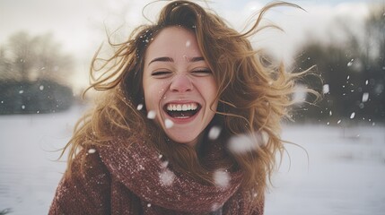 Wall Mural - Woman laughing in winter outdoor