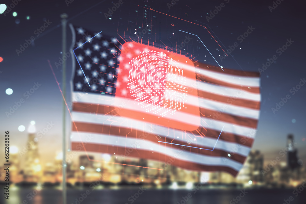 Multi exposure of virtual graphic fingerprint sketch on US flag and ...