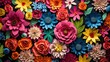 Many colorful paper flowers placed on a black background, in the style of threaded tapestries, traditional mexican style.