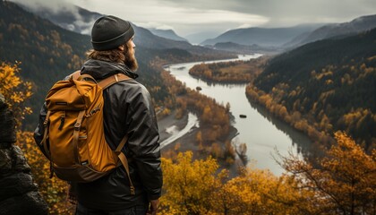 Wall Mural - Generative AI, backpacker in autumn landscape, traveler man tourist with backpack hiking in mountains