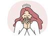 Woman shut mouth frustrated with fear or shock. Stunned female surprised by unbelievable news. Vector illustration.