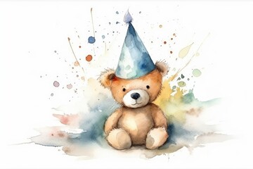 Wall Mural - Watercolor Teddy Bear with a party hat for a boy's Birthday on white background. AI generated