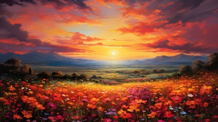 Wall Mural -  a painting of a sunset over a field of wildflowers.  generative ai