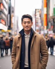 Well Dressed Korean Man Smiling at camera in the Middle of the City, tons of people walking