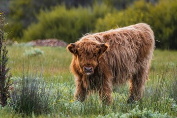 Wall Mural - A close-up shot of  Highland cattle standing in a picturesque green field