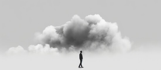 surreal minimal concept black and white man with cloud wrapped head walking