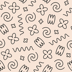 Poster - Abstract seamless pattern of linear doodles shapes. Creative background with trendy basic shapes. Vector illustration