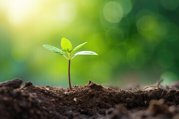 Young plant growing in sunlight. Fresh green seedling grows from the rich soil. Beautiful morning lighting. Small sprout in springtime.