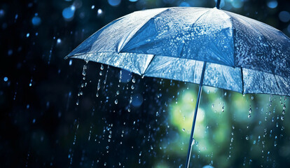 umbrella under rainfall.umbrella in the rain with water drops on bokeh effect dark background.rainy 