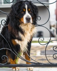 Sticker - Vertical closeup shot of a Bernese Mountain dog standing near a metal gate