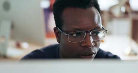 Poster - Focus, businessman and computer with glasses reading email, report or internet scroll with happiness. Vision, professional and employee in office on pc with technology for information or insight