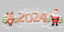 2024 Banner With Cute Santa Claus, Reindeer In Cartoon Style. 3d Plastic Rendering With Glossy Text, Trees, Candy Cane, Characters. Vector Winter Illustration. Minimal Landscape. New Year, Xmas Card
