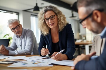 business, people and teamwork concept - smiling businesswoman with eyeglasses talking in office