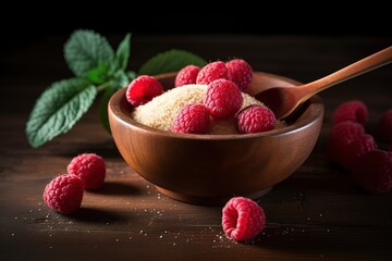 a bowl of sugar and raspberries with mint leaf on a table