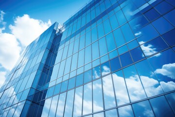 View of a contemporary glass skyscraper reflecting the blue sky