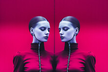 Portrait De Deux Femme Face à Face - Concept De La Double Personnalité, De La Dissimulation, Des Jumeaux Et Jumelle, De L'image De Soi