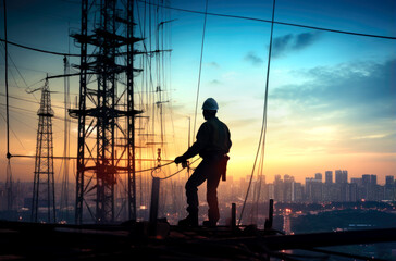 Wall Mural - Silhouette Business Industrial Electrician for the installation of electrical systems for alternative energy heavy industry concept over blurred pastel background sunset. Generated by AI