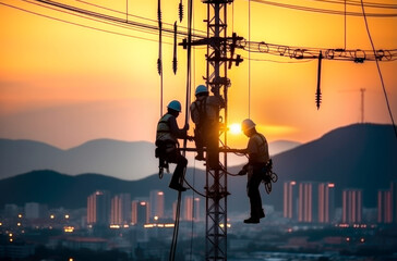 Wall Mural - Silhouette Business Industrial Electrician for the installation of electrical systems for alternative energy heavy industry concept over blurred pastel background sunset. Generated by AI