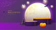 Halloween showcase background with 3d podiums, halloween pumpkin and full moon. Halloween spooky background. Vector illustration