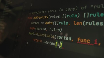 Close-up of screen where visible programming code. Developing software, programs or apps on laptop. Working at office. Using technology. Developer concept.