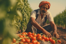 Indian Farmer In Tomato Agriculture Field